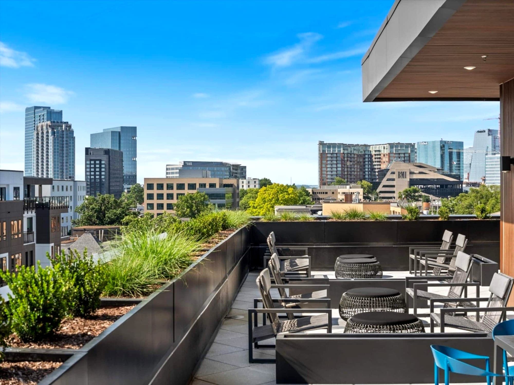 A Boost-managed rooftop terrace on Music Row, downtown Nashville behind it