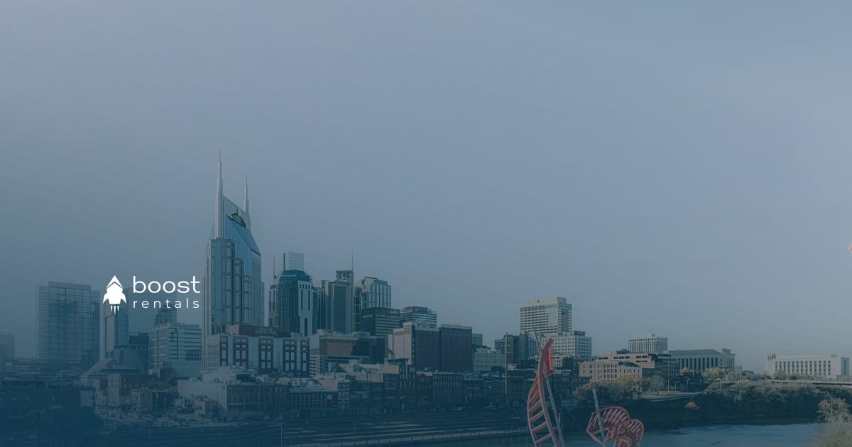 Nashville skyline over the Cumberland River at dusk